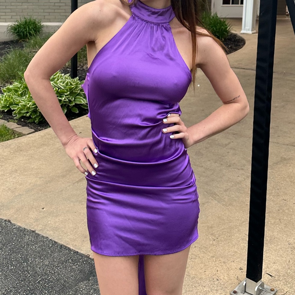 purple backless halter dress